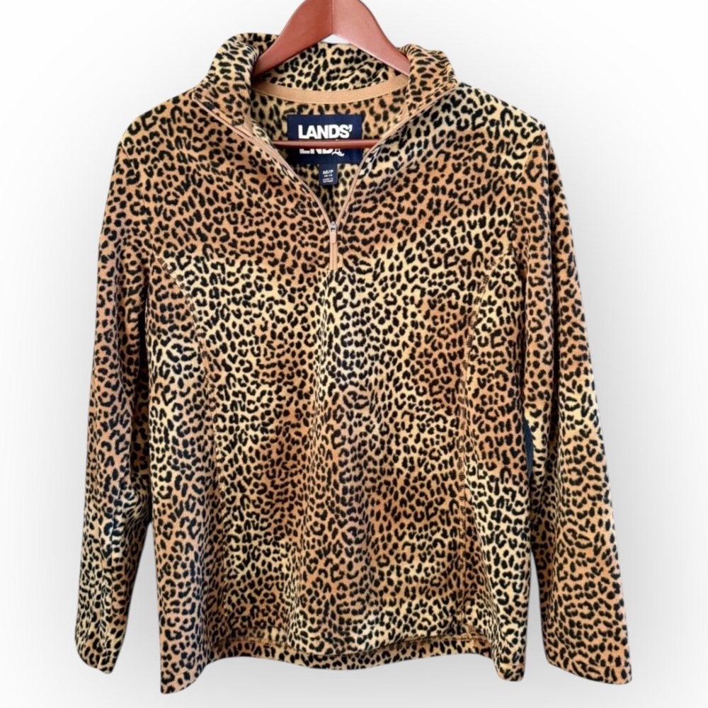 Land's End Leopard Fleece Quarter Zip Pullover M/P 10-12 EUC Women's Long Sleeve